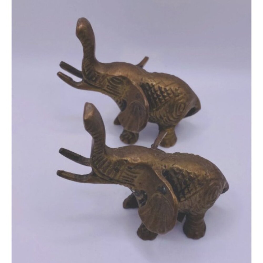 2 Vintage Brass Elephants Figurines Trunks Up Made In India